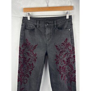 DG2 Diane Gilman Womens Size 4P Gray Jeans With Red Flocked Floral Pattern Stret